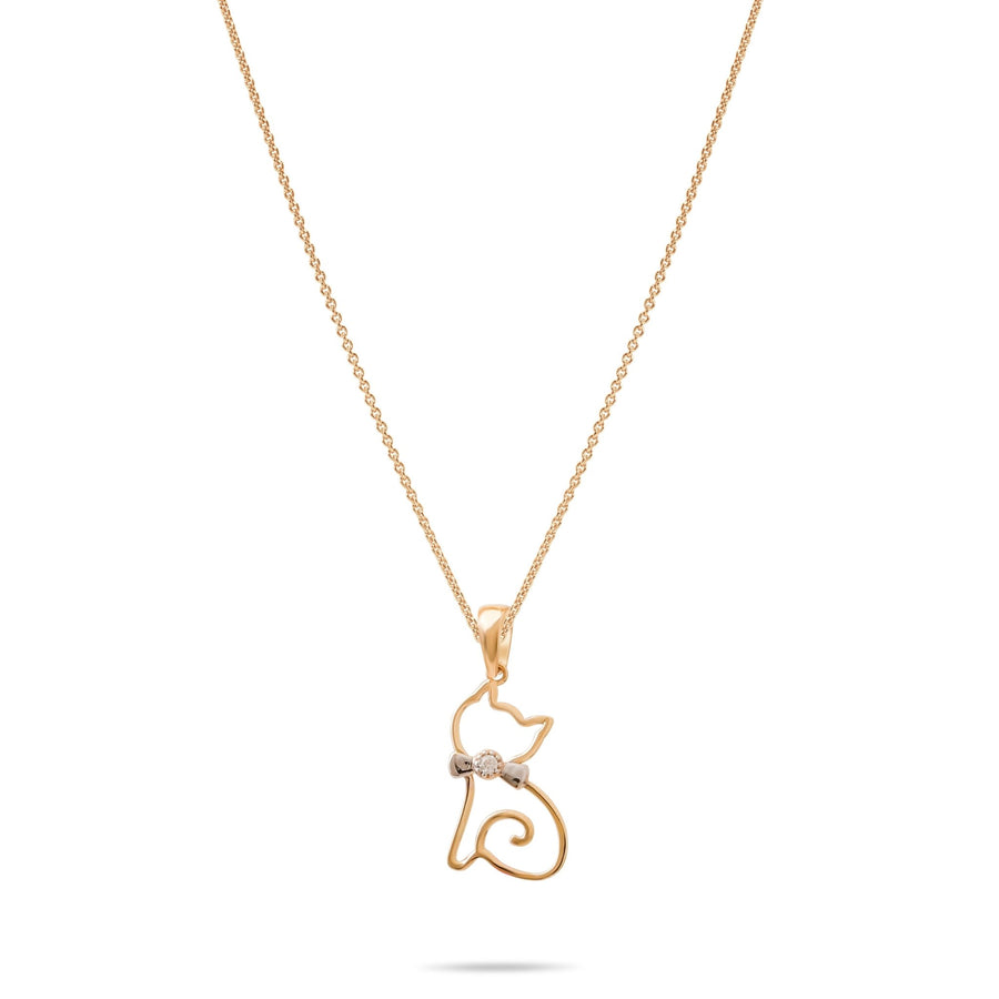 14ct Gold Cat Pendant – Elegant Jewellery for Women, Teens & Kids | White Gold Bow & Cubic Zirconia | Perfect Gift for Christmas, New Year & Birthday - Pendant Only - Kolié