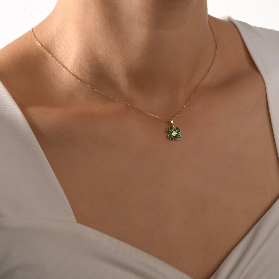 14ct Gold Clover Pendant for Girls | Green Enamel & Cubic Zirconia | Lucky Charm | Pendant Only - Kolié