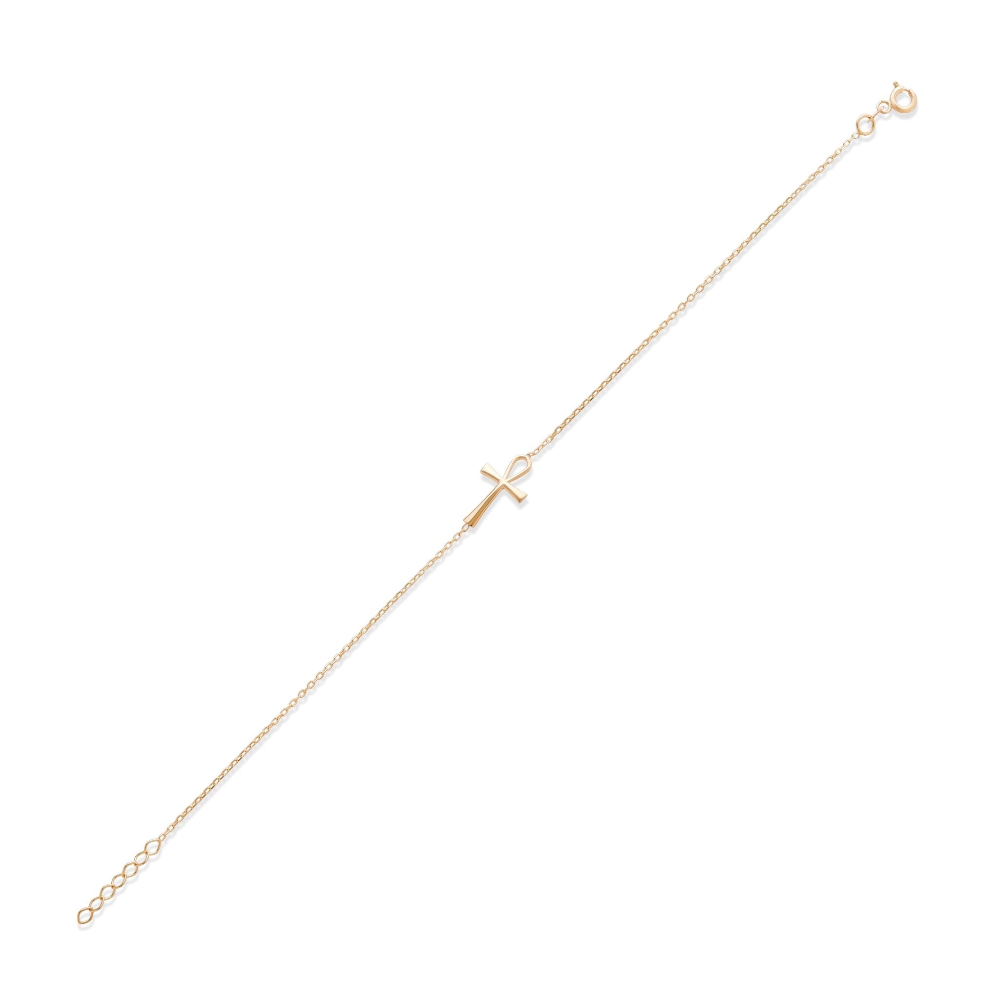 14ct Gold Ankh Symbol Bracelet, Egyptian Cross Jewellery, Hallmarked Adjustable Chain 18+2cm - Kolié