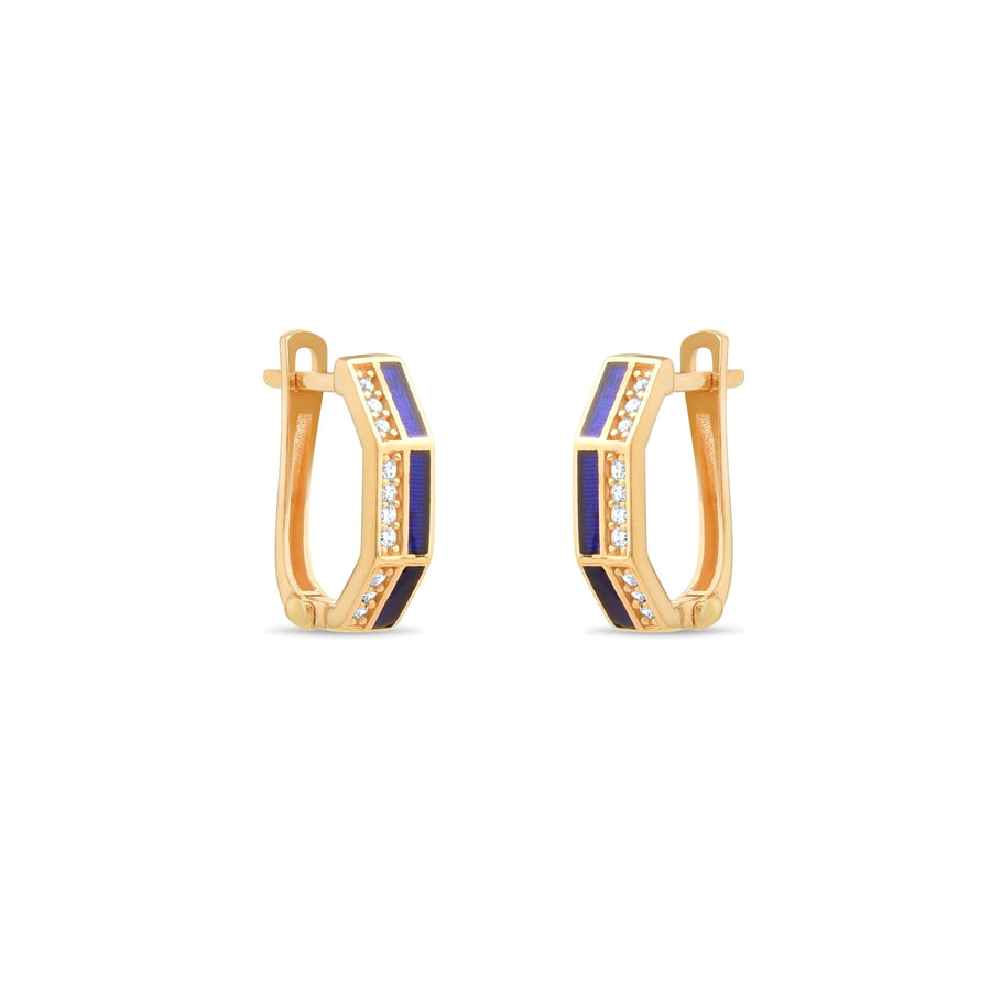 14ct Gold Blue Enamel and Cubic Zirconia Hexagon Hoop Earrings for Women | Geometric Huggie Hoops | Dainty Minimalist Jewellery - Kolié