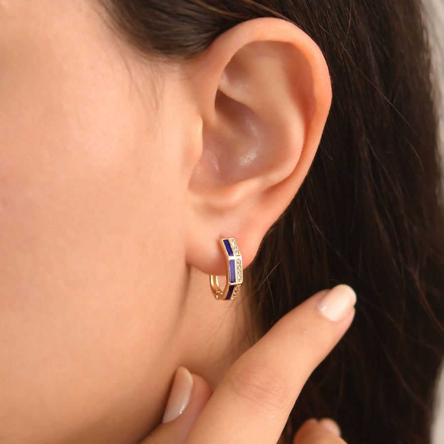 14ct Gold Blue Enamel and Cubic Zirconia Hexagon Hoop Earrings for Women | Geometric Huggie Hoops | Dainty Minimalist Jewellery - Kolié