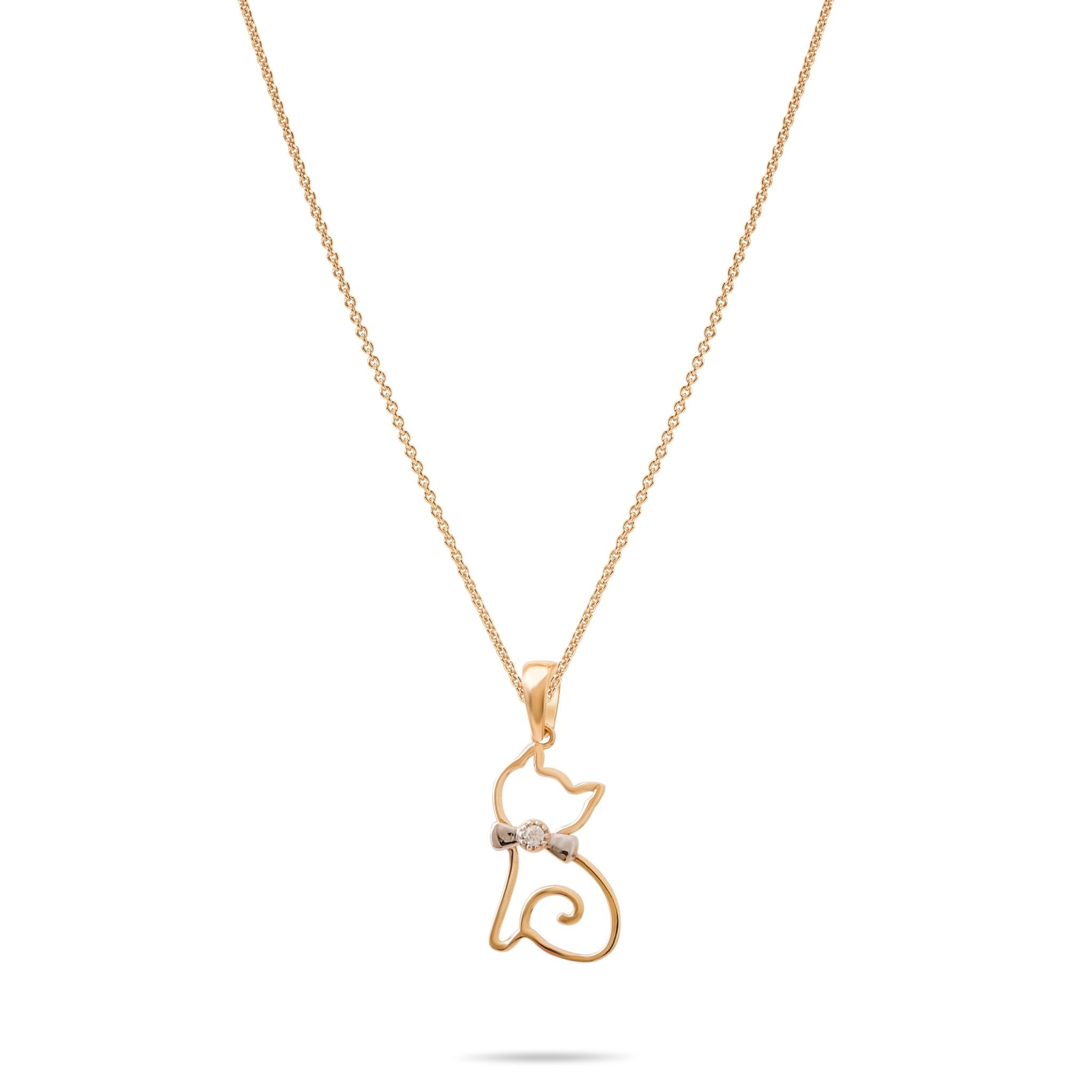 14ct Gold Cat Pendant – Elegant Jewellery for Women, Teens & Kids | White Gold Bow & Cubic Zirconia | Perfect Gift for Christmas, New Year & Birthday - Pendant Only - Kolié