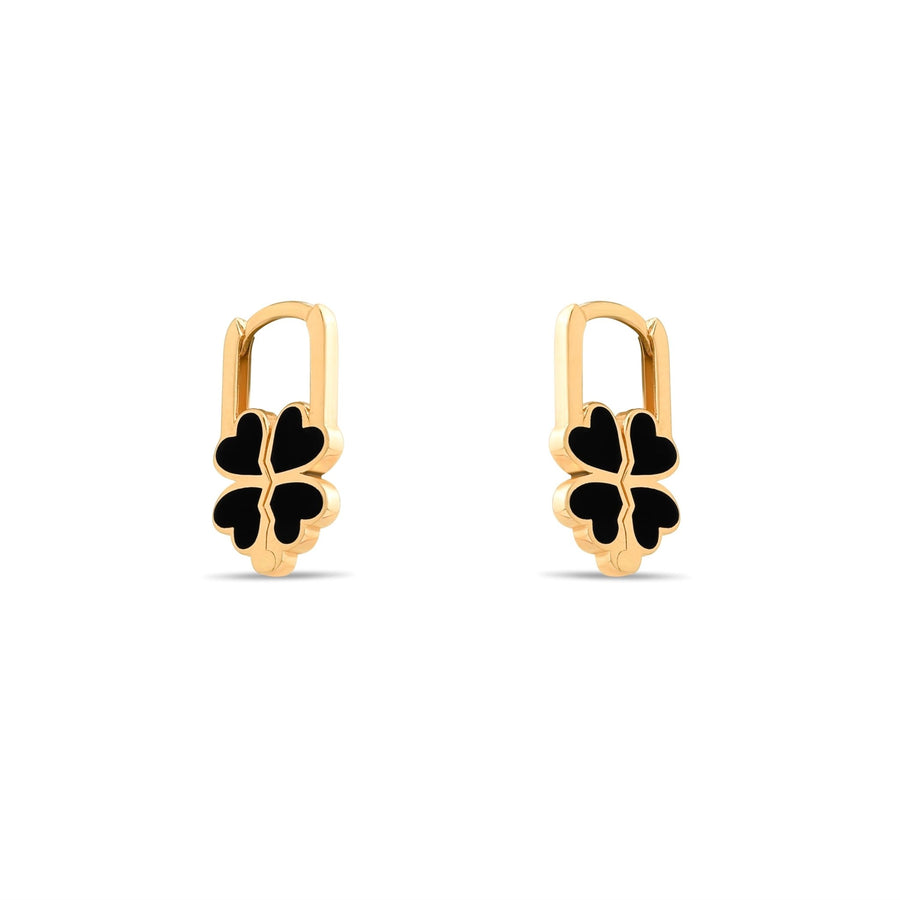 14ct Gold Clover Hoop Earrings with Black Enamel, Lucky Charm Earrings for Women, Elegant Jewellery, Gift for Her - Kolié