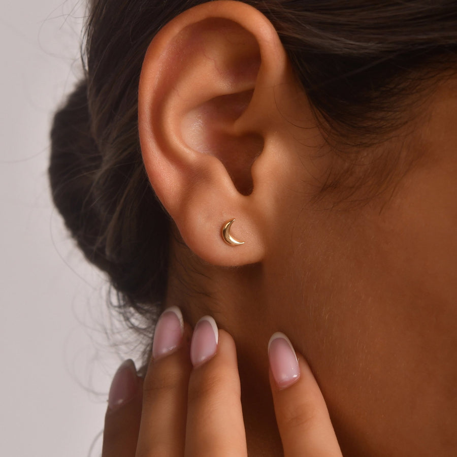 14ct Gold Crescent Moon Stud Earrings | Dainty Lunar Studs | Kolié - Kolié Fine Jewellery