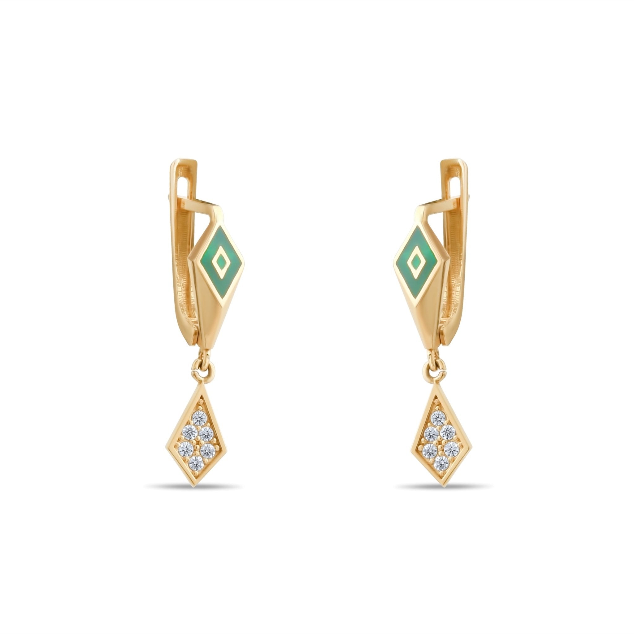 14ct Gold Diamond Drop Earrings with Green Enamel and Cubic Zirconia, Modern Elegant Jewellery for Women, Geometric Statement Earrings, Gift for Her - Kolié