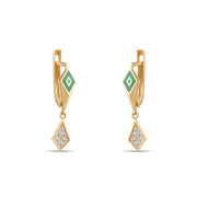 14ct Gold Diamond Drop Earrings with Green Enamel and Cubic Zirconia, Modern Elegant Jewellery for Women, Geometric Statement Earrings, Gift for Her - Kolié