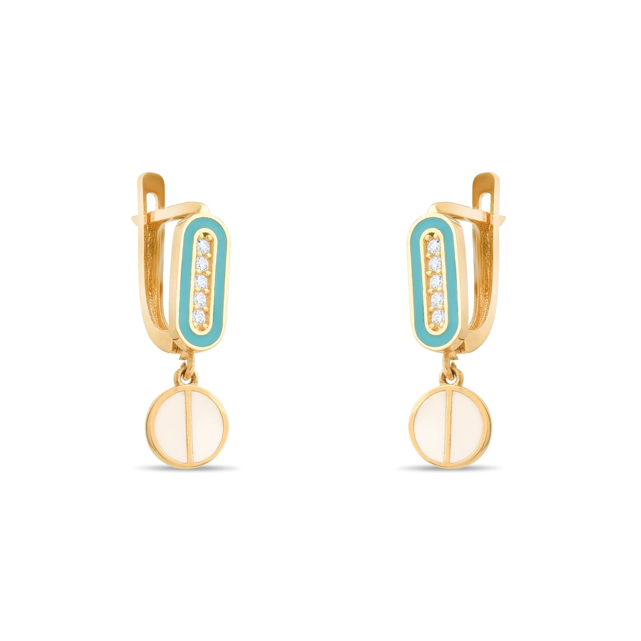 14ct Gold Drop Earrings with Cubic Zirconia and Enamel, Geometric Dangle Earrings for Women, Modern Jewellery, Gift for Her - Kolié