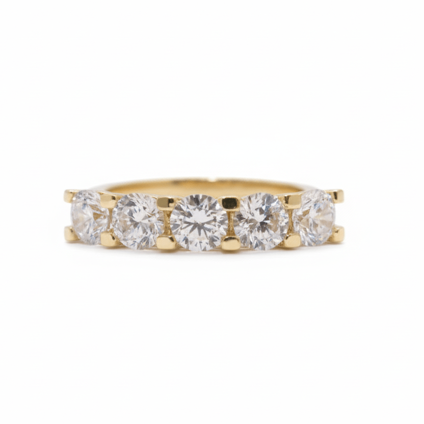 14ct Gold Five Stone Ring | Solid Gold CZ Anniversary Ring | Elegant Women's Band | Hallmarked UK Jewellery | Yellow Gold Statement Ring - Kolié Fine Jewellery