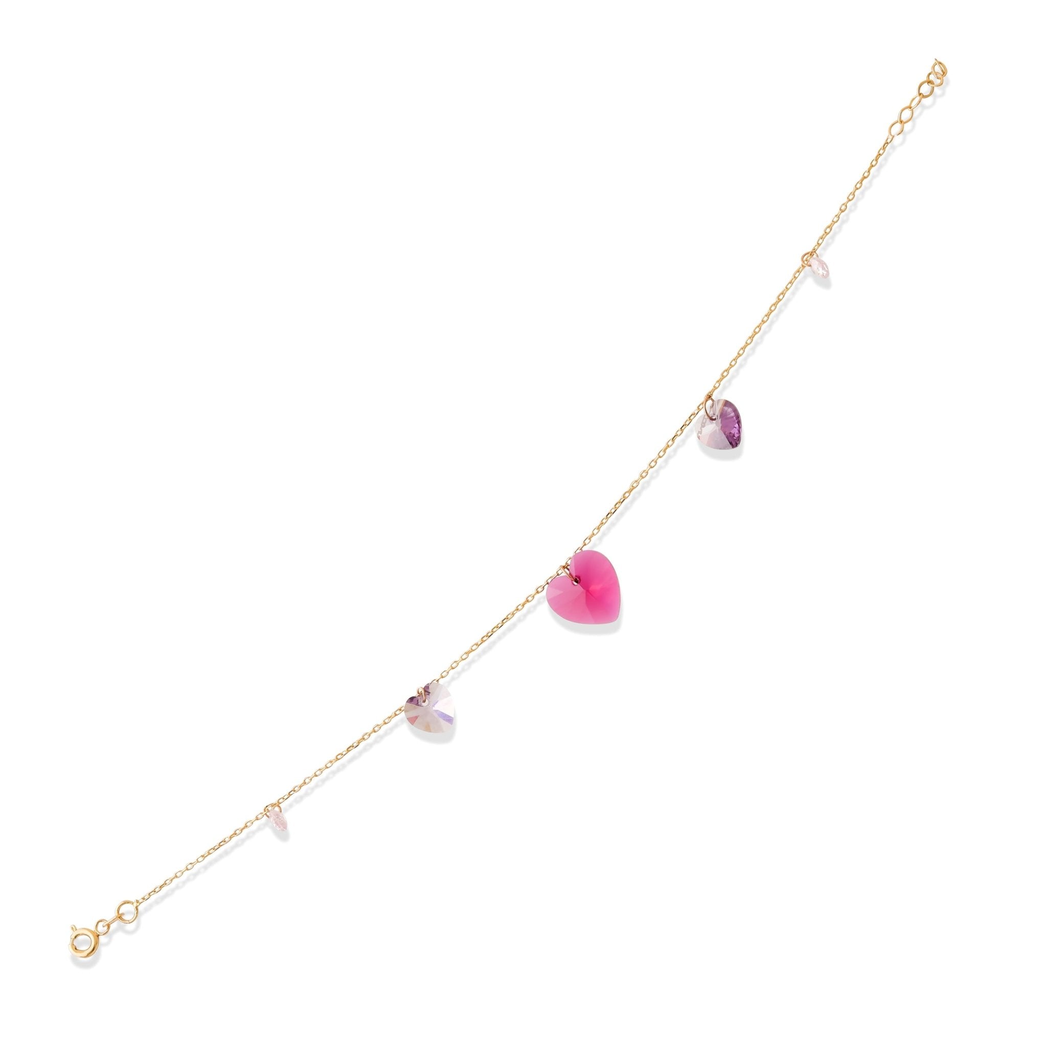 14ct Gold Heart Charm Bracelet, Romantic Ruby and Lavender Design, Hallmarked Luxury Jewellery, Adjustable 18+2cm - Kolié