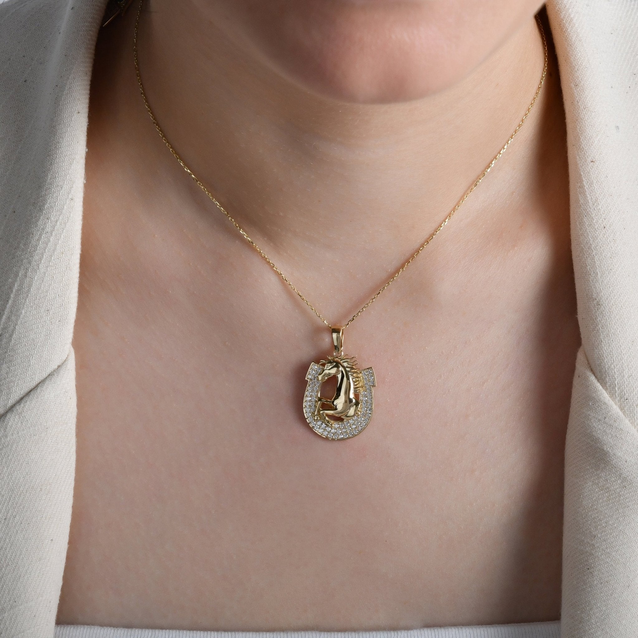 14ct Gold Horse and Horseshoe Pendant, Pavé Cubic Zirconia Statement Necklace, Hallmarked Luxury Jewellery - Pendant Only - Kolié