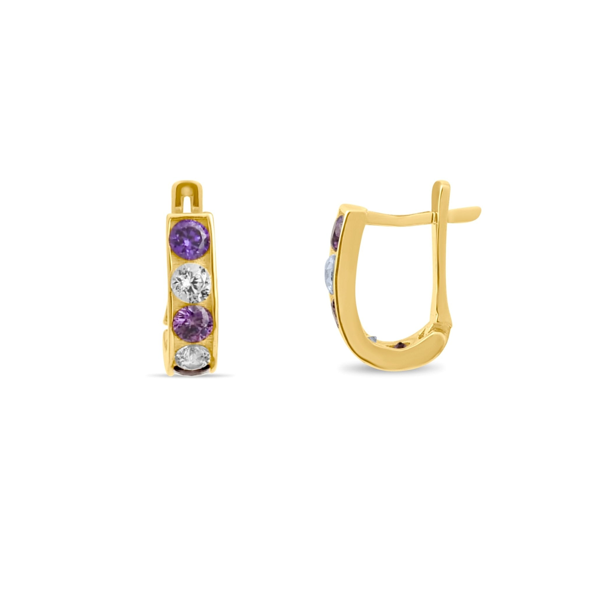14ct Gold Huggie Earrings with Purple/Pink CZ - Kolié Fine Jewellery