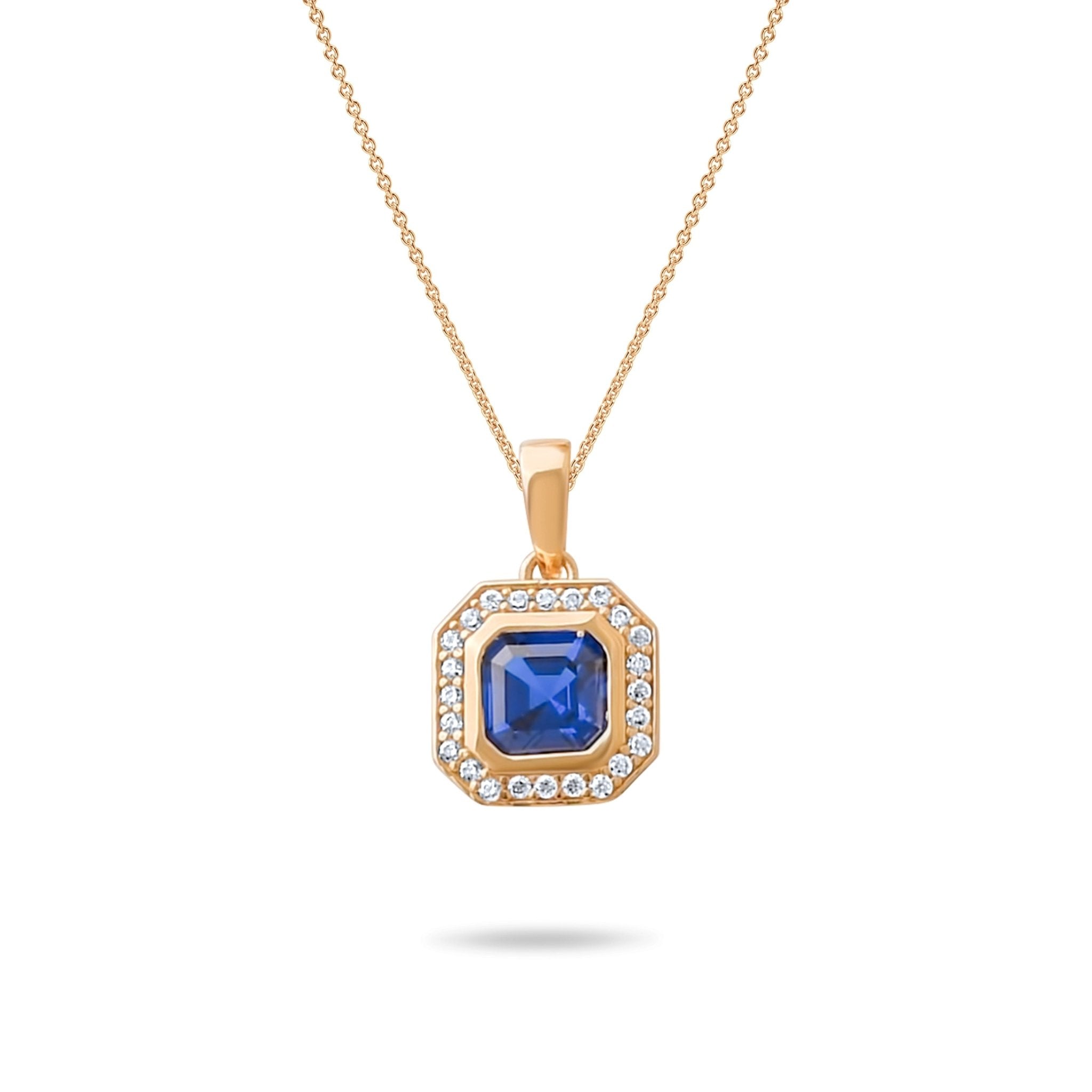 14ct Gold Octagon Pendant Necklace, Sapphire Blue CZ Charm, Hallmarked Gold Statement Pendant Only - Kolié