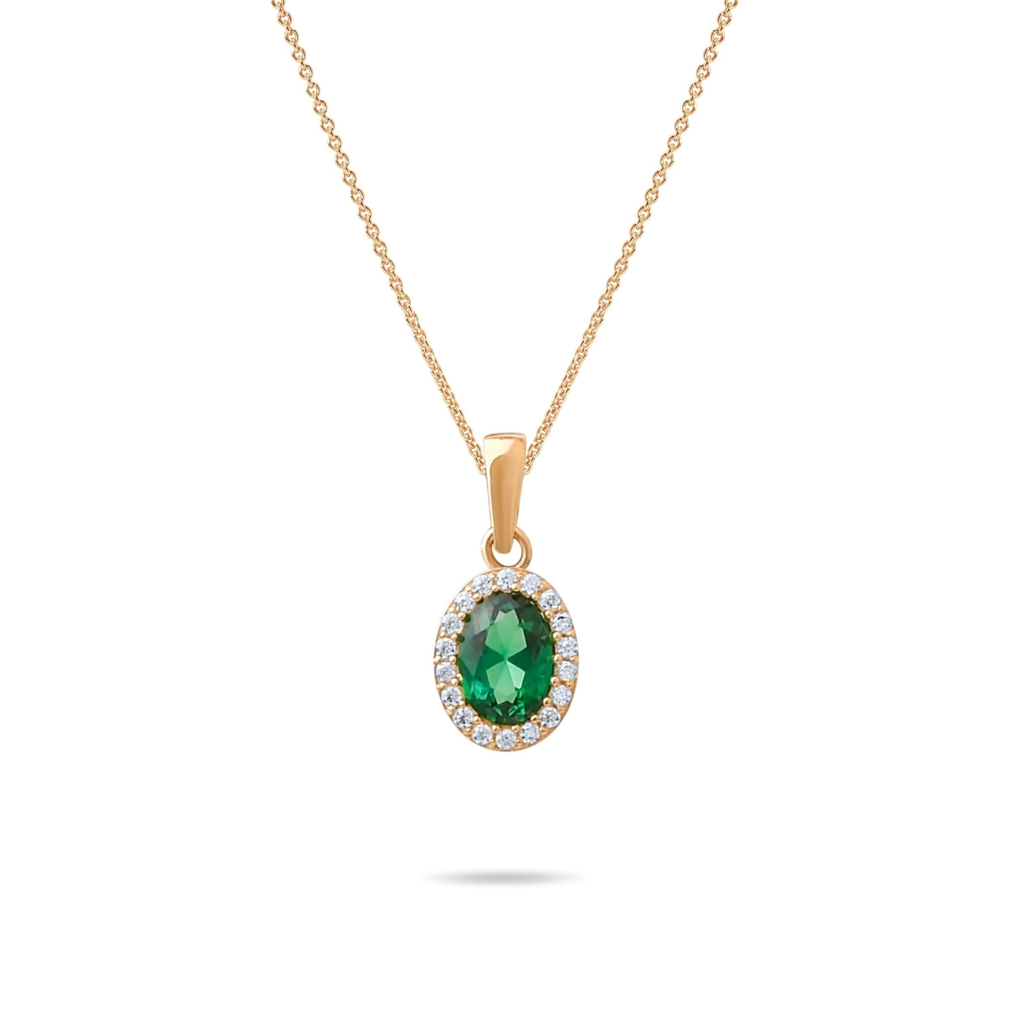 14ct Gold Oval Green Pendant, Emerald Green and Cubic Zirconia Necklace, Elegant Gold Jewellery - Kolié