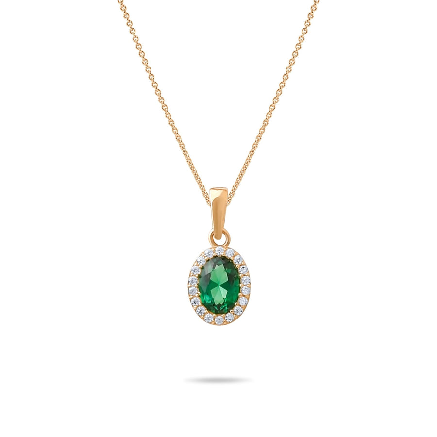 14ct Gold Oval Green Pendant, Emerald Green and Cubic Zirconia Necklace, Elegant Gold Jewellery - Kolié