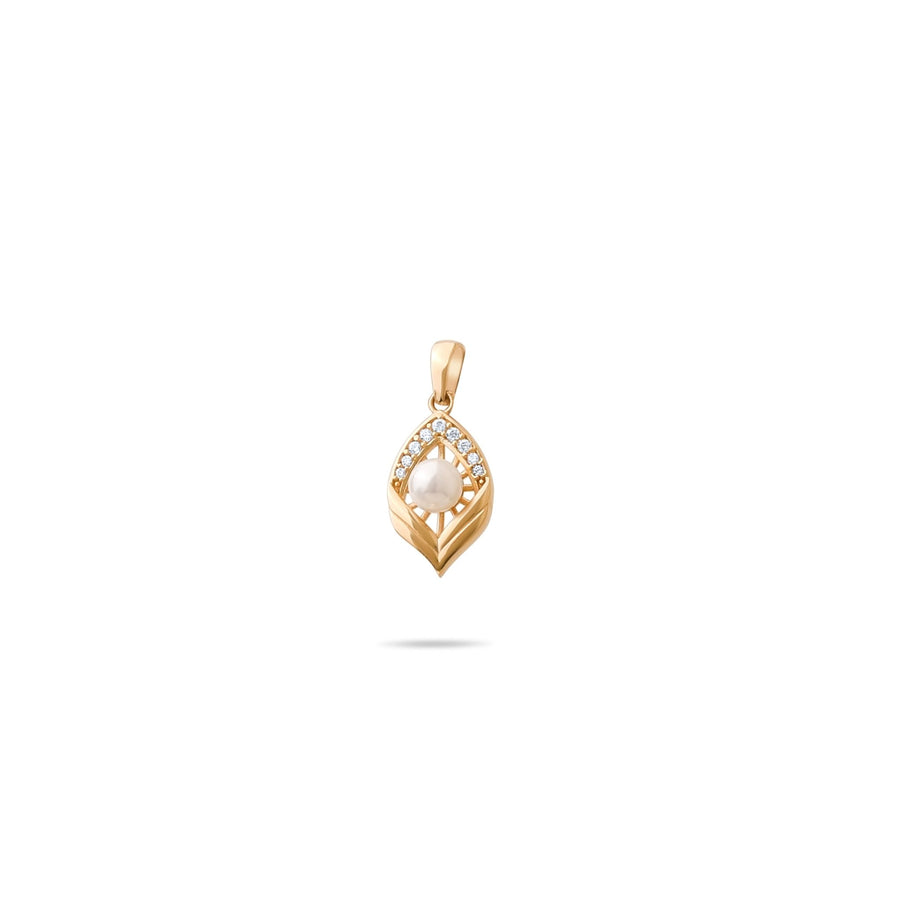 14ct Gold Pearl Leaf Pendant, Cubic Zirconia Accents, June Birthstone Necklace - Kolié