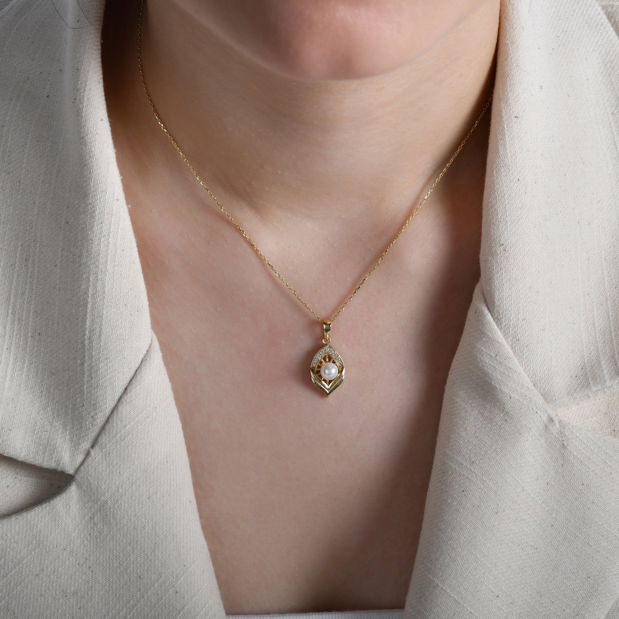 14ct Gold Pearl Leaf Pendant, Cubic Zirconia Accents, June Birthstone Necklace - Kolié