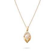 14ct Gold Pearl Leaf Pendant, Cubic Zirconia Accents, June Birthstone Necklace - Kolié