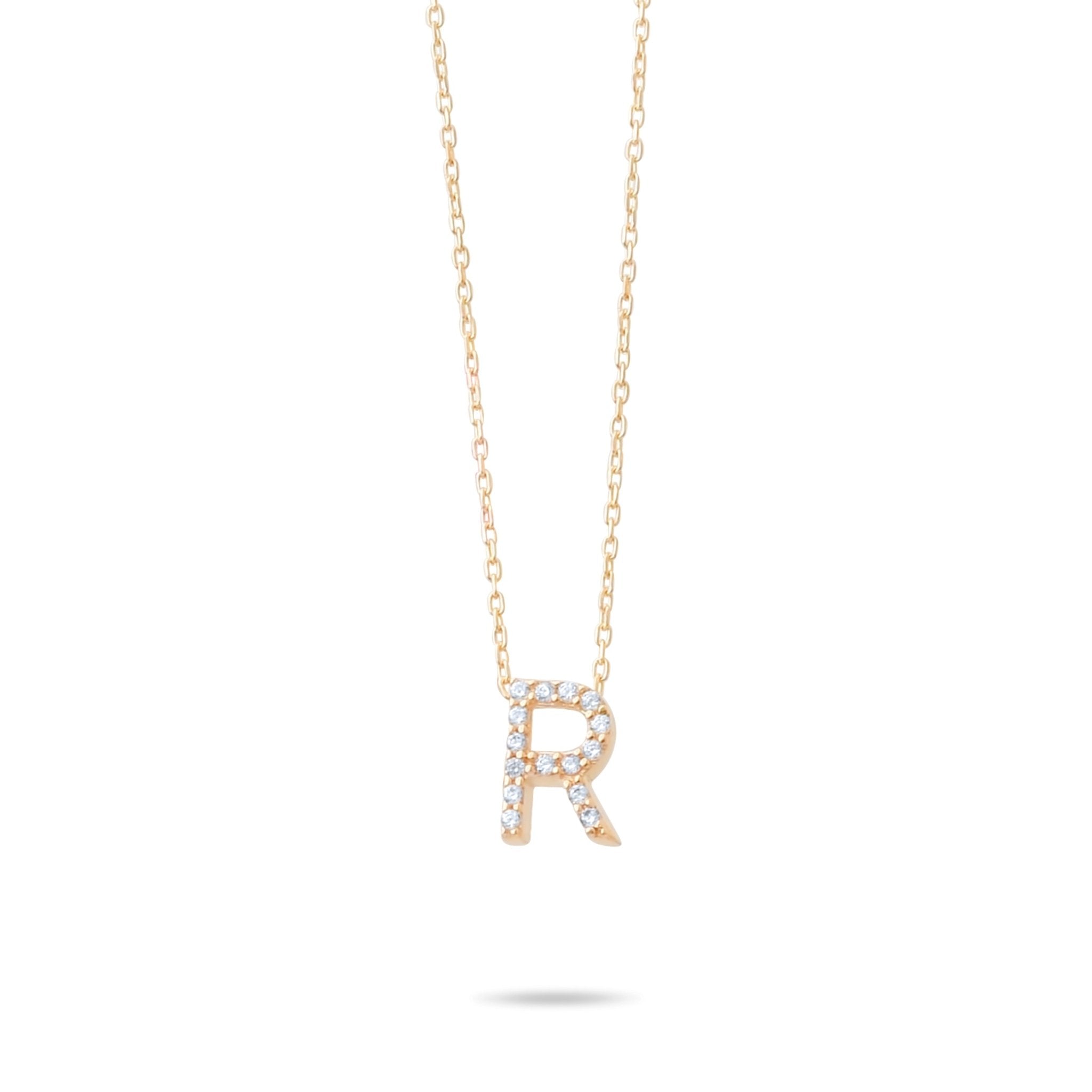 14ct Gold R Initial Necklace, Cubic Zirconia Personalised Pendant, Alphabet Letter Jewellery, Hallmarked - Kolié