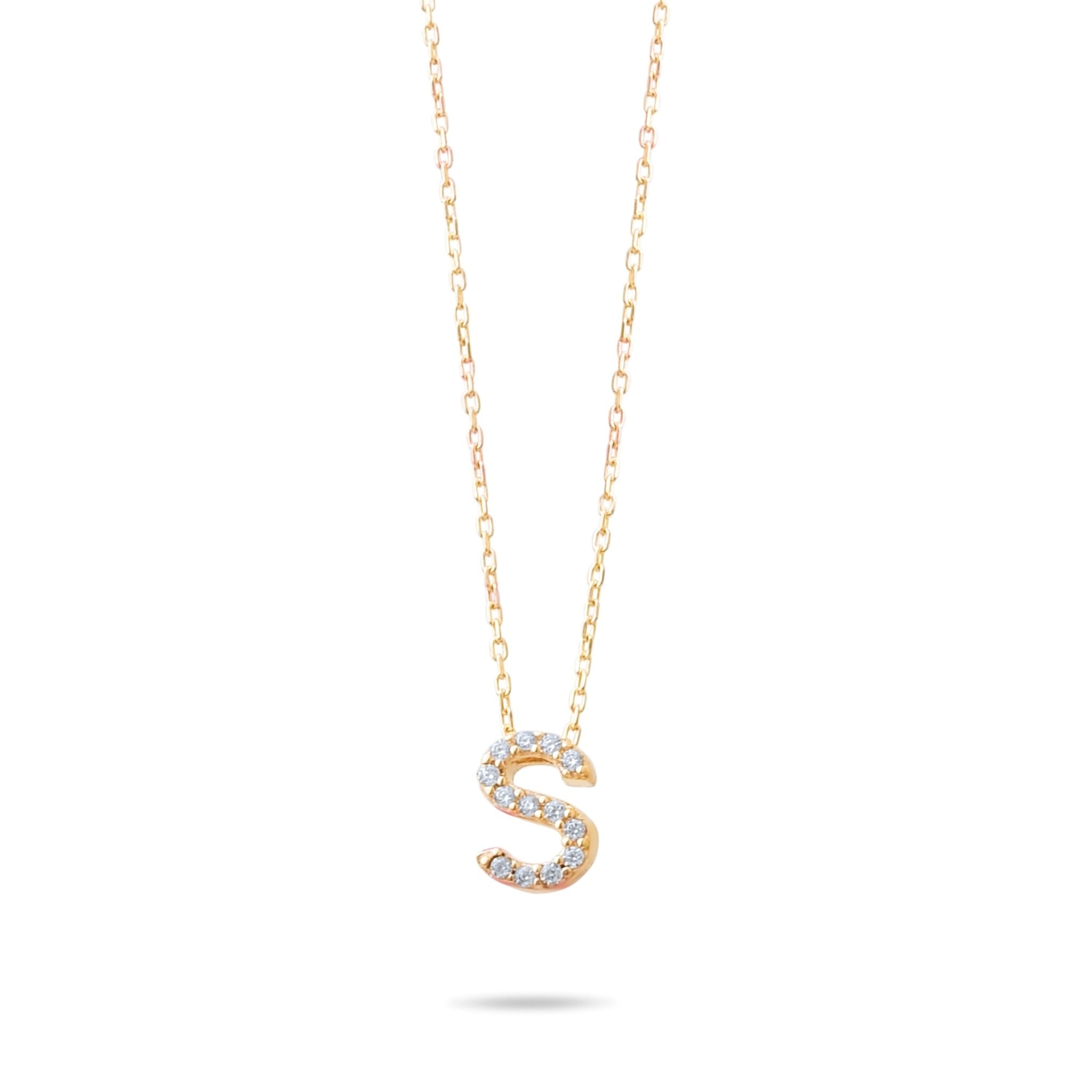 14ct Gold S Initial Necklace, Cubic Zirconia Personalised Pendant, Alphabet Letter Jewellery, Hallmarked - Kolié