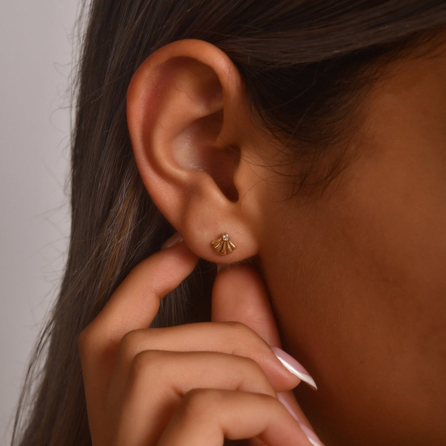 14ct Gold Shell Stud Earrings | Dainty Cubic Zirconia Seashell Studs | Kolié - Kolié Fine Jewellery