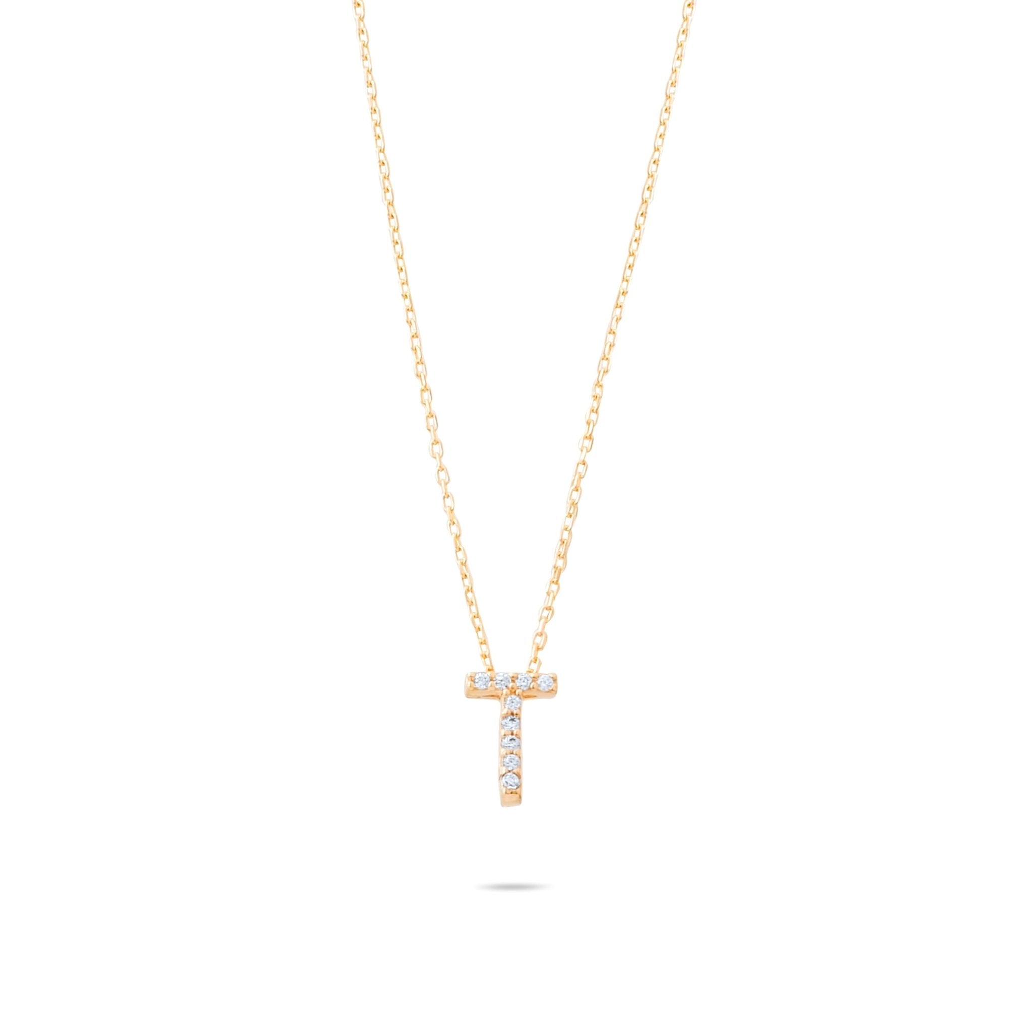 14ct Gold T Initial Necklace, Cubic Zirconia Personalised Pendant, Alphabet Letter Jewellery, Hallmarked - Kolié