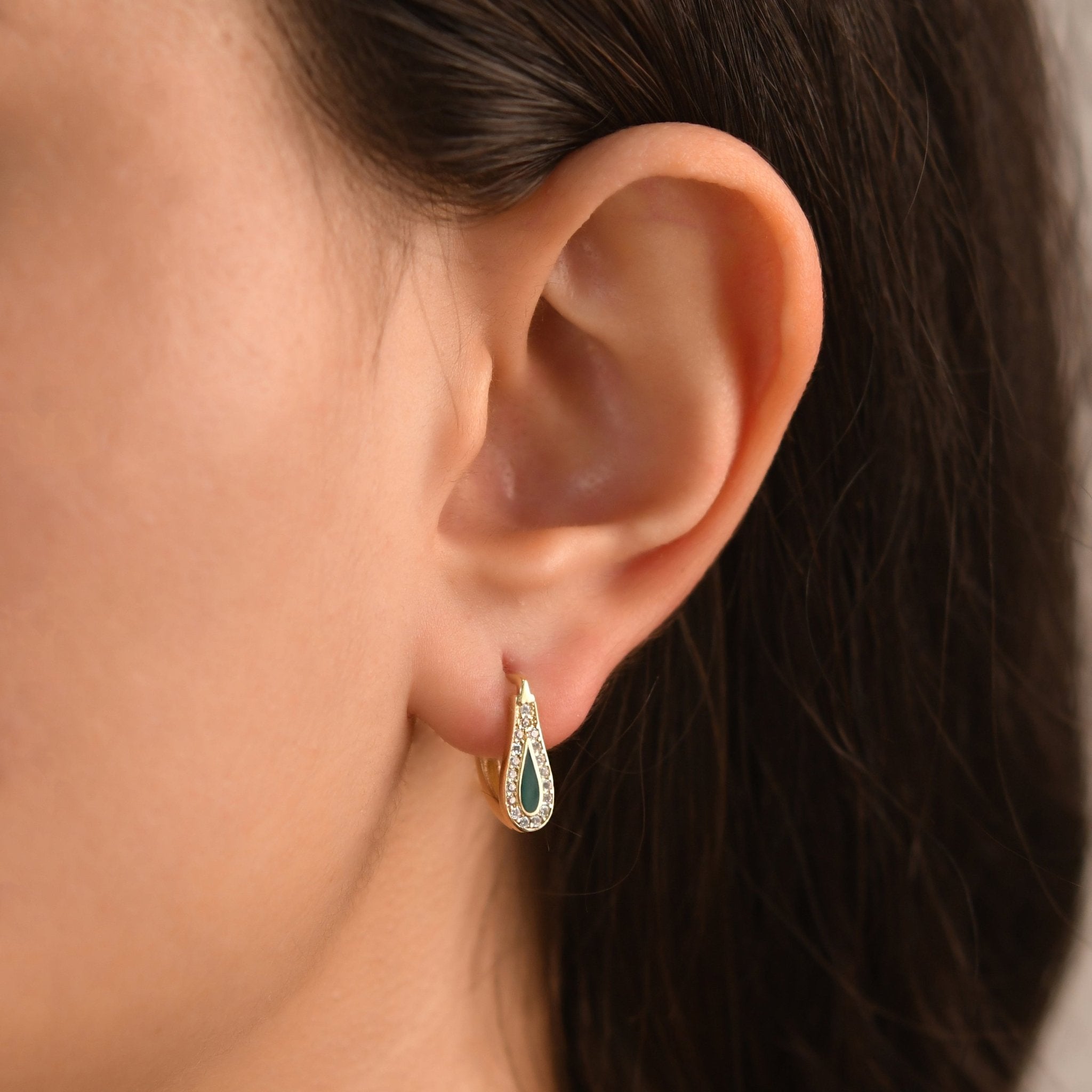 14ct Gold Teardrop Earrings with Cubic Zirconia and Green Enamel, Elegant Dangle Earrings for Women, Gift for Her - Kolié