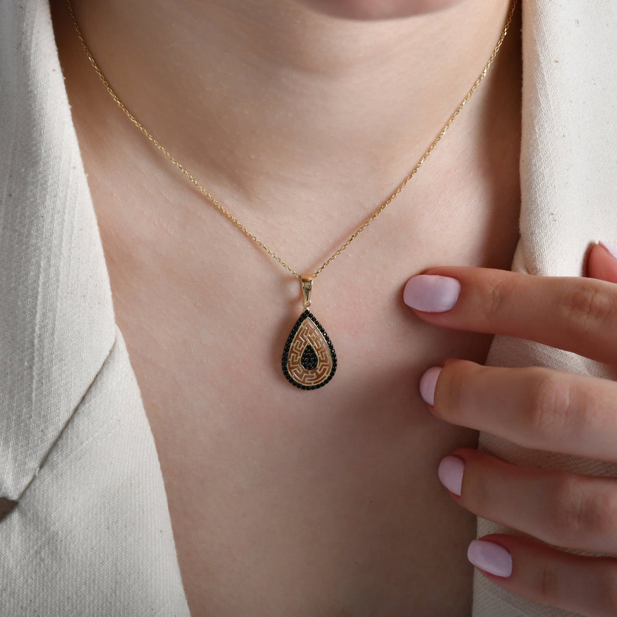 14ct Gold Teardrop Pendant, Black Cubic Zirconia Maze Design, Hallmarked Gold Statement Necklace - Pendant Only - Kolié