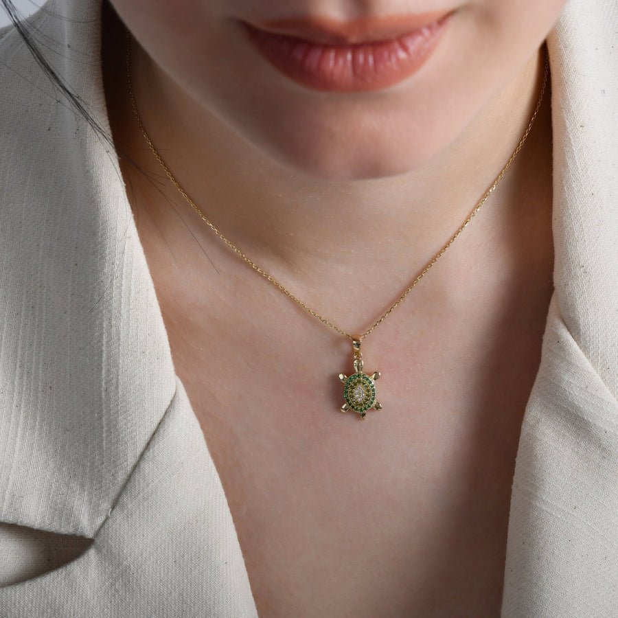 14ct Gold Turtle Pendant, Green and Yellow Cubic Zirconia Necklace, Ocean - Inspired Jewellery, Pendant Only - Kolié