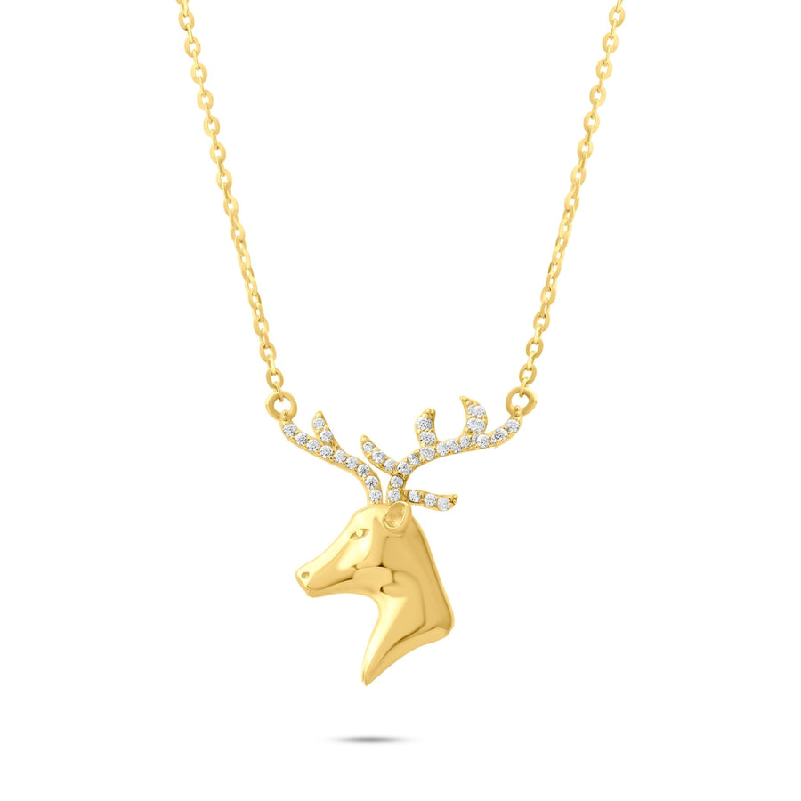 14ct Yellow Gold Diamond Cut Stag Necklace with Cubic Zirconia Antlers (42cm) - Kolié Fine Jewellery