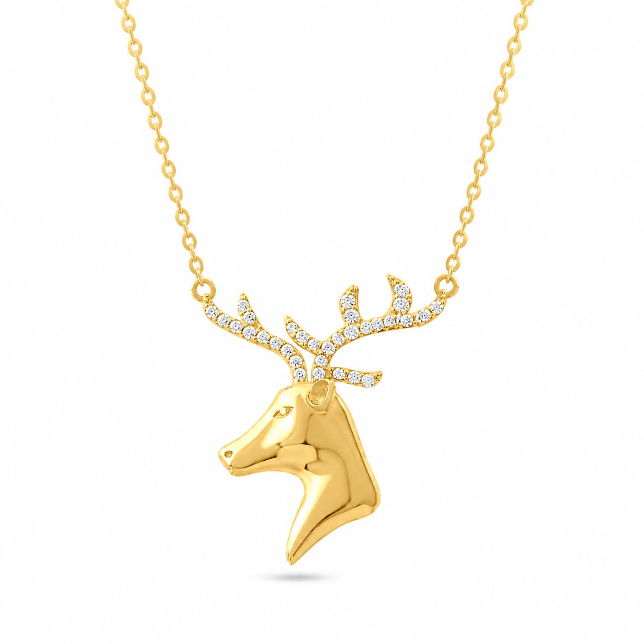 14ct Yellow Gold Diamond Cut Stag Necklace with Cubic Zirconia Antlers (42cm) - Kolié Fine Jewellery