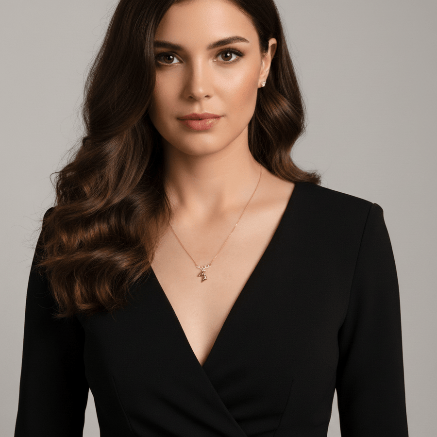 14ct Yellow Gold Diamond Cut Stag Necklace with Cubic Zirconia Antlers (42cm) - Kolié Fine Jewellery