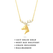 14ct Yellow Gold Diamond Cut Stag Necklace with Cubic Zirconia Antlers (42cm) - Kolié Fine Jewellery