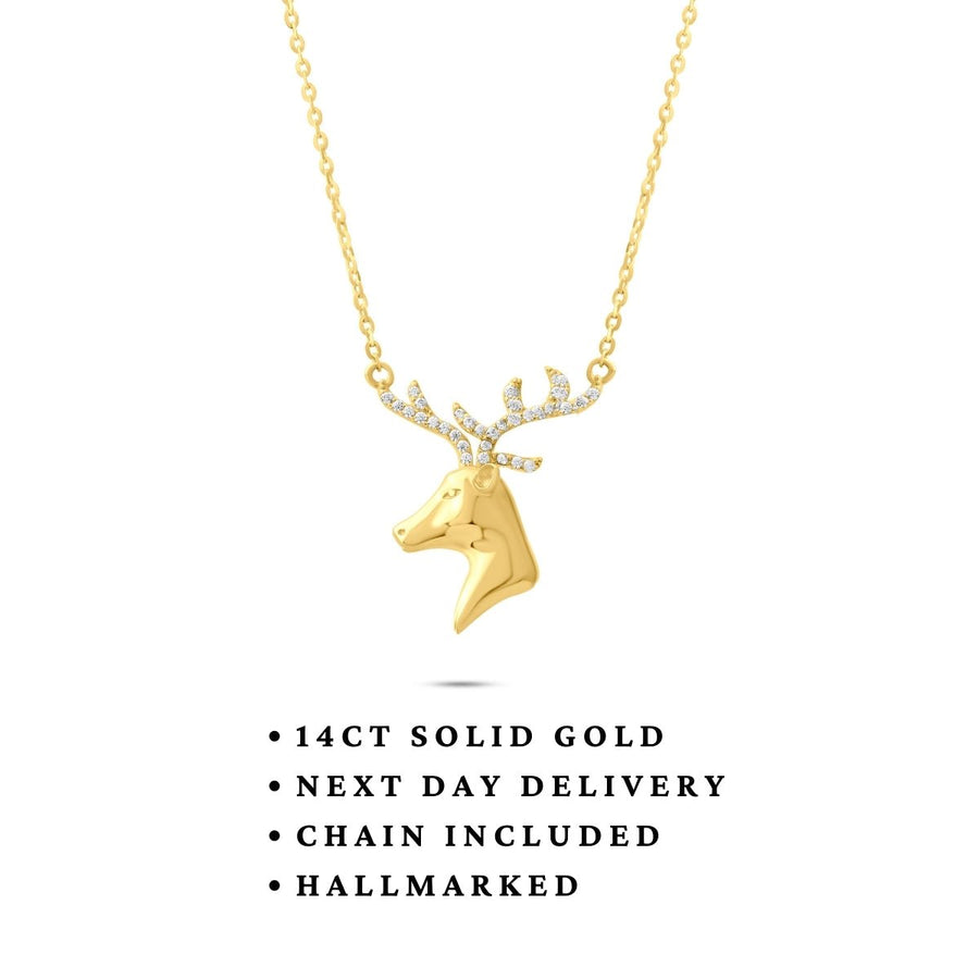 14ct Yellow Gold Diamond Cut Stag Necklace with Cubic Zirconia Antlers (42cm) - Kolié Fine Jewellery