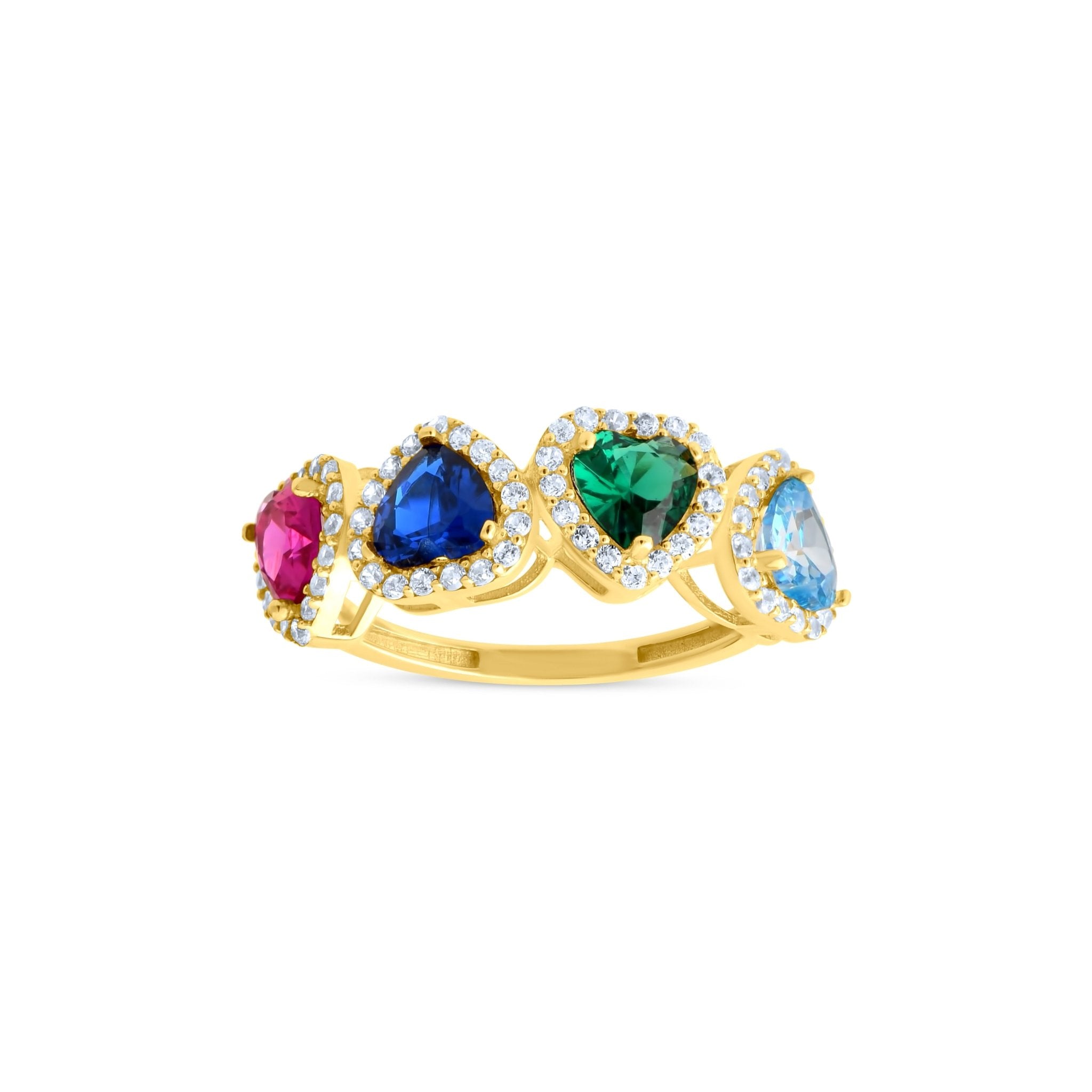 14ct Yellow Gold Multi - Coloured Heart Halo Ring - Kolié Fine Jewellery