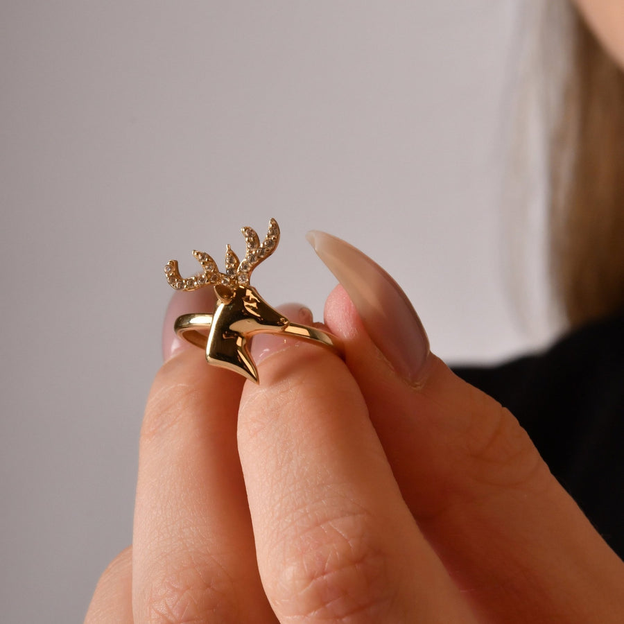 14ct Yellow Gold Stag Ring with Cubic Zirconia Antlers - Size O - Kolié Fine Jewellery