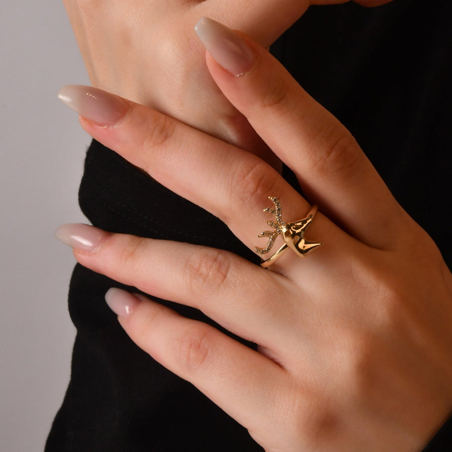 14ct Yellow Gold Stag Ring with Cubic Zirconia Antlers - Size O - Kolié Fine Jewellery