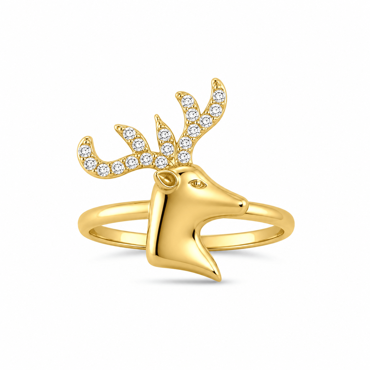 14ct Yellow Gold Stag Ring with Cubic Zirconia Antlers - Size O - Kolié Fine Jewellery