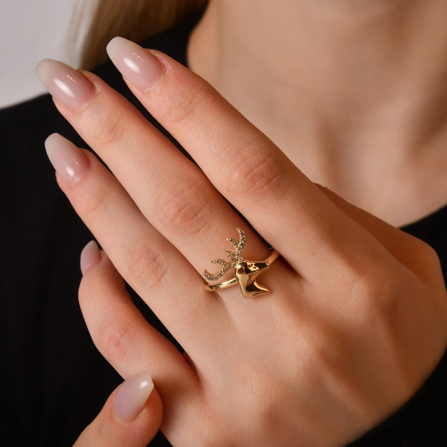 14ct Yellow Gold Stag Ring with Cubic Zirconia Antlers - Size O - Kolié Fine Jewellery