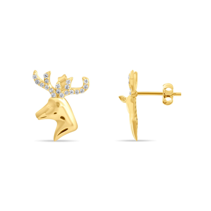 14ct Yellow Gold Stag Stud Earrings with Cubic Zirconia Antlers - Kolié Fine Jewellery