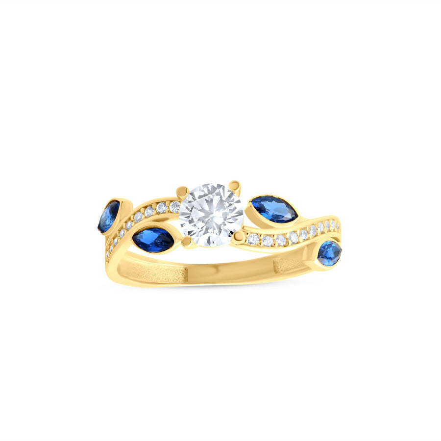 14ct Yellow Gold Thistle Inspired Blue and White Stone Ring - Kolié Fine Jewellery