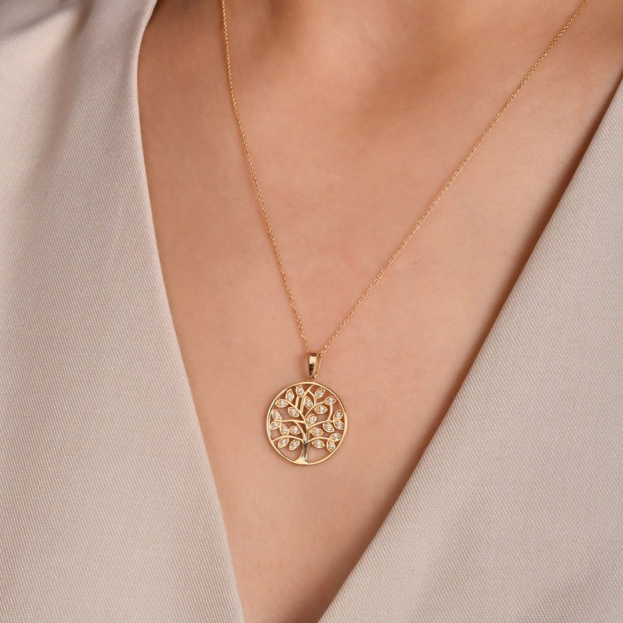 14ct Yellow Gold Tree of Life Pendant with Cubic Zirconia Leaves - Pendant Only - Kolié Fine Jewellery