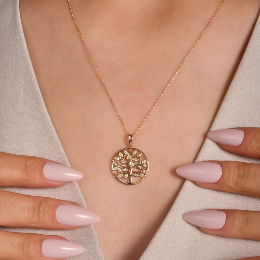 14ct Yellow Gold Tree of Life Pendant with Cubic Zirconia Leaves - Pendant Only - Kolié Fine Jewellery
