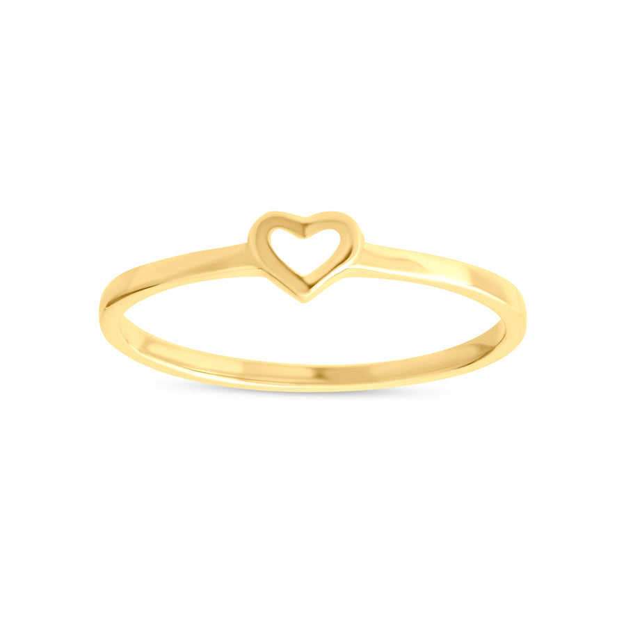 14ct yellow gold minimalist ring with small open heart outline on white background.