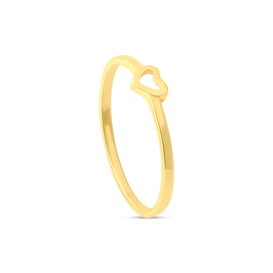 14ct yellow gold minimalist ring with small open heart outline on white background.