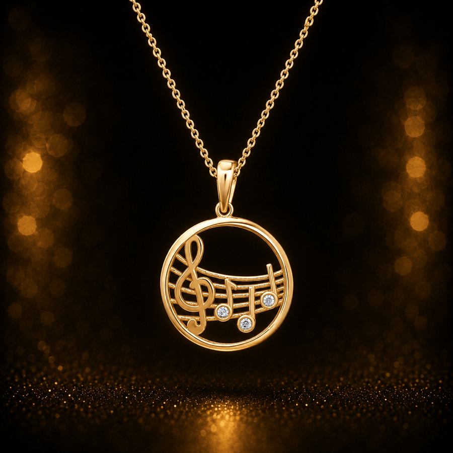 9ct Gold Treble Clef Pendant with Cubic Zirconia – Music Note Charm Necklace Gift - Kolié Fine Jewellery