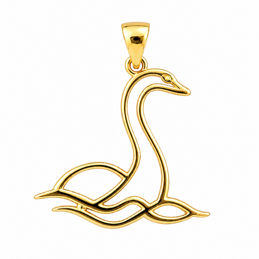 Close up of the high polish mirror finish on the gold vermeil silver Scottish Nessie statement pendant by Kolié