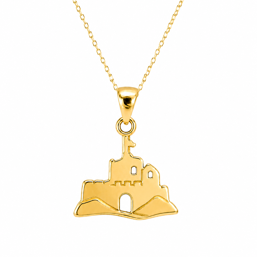 Gold historic castle pendant necklace representing architectural heritage by Kolié Edinburgh