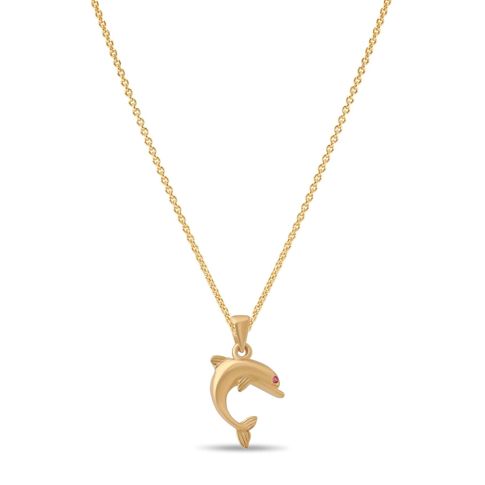 Gold dolphin-shaped pendant necklace with a polished finish, displayed on a white background.