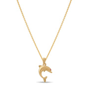 Gold dolphin-shaped pendant necklace with a polished finish, displayed on a white background.