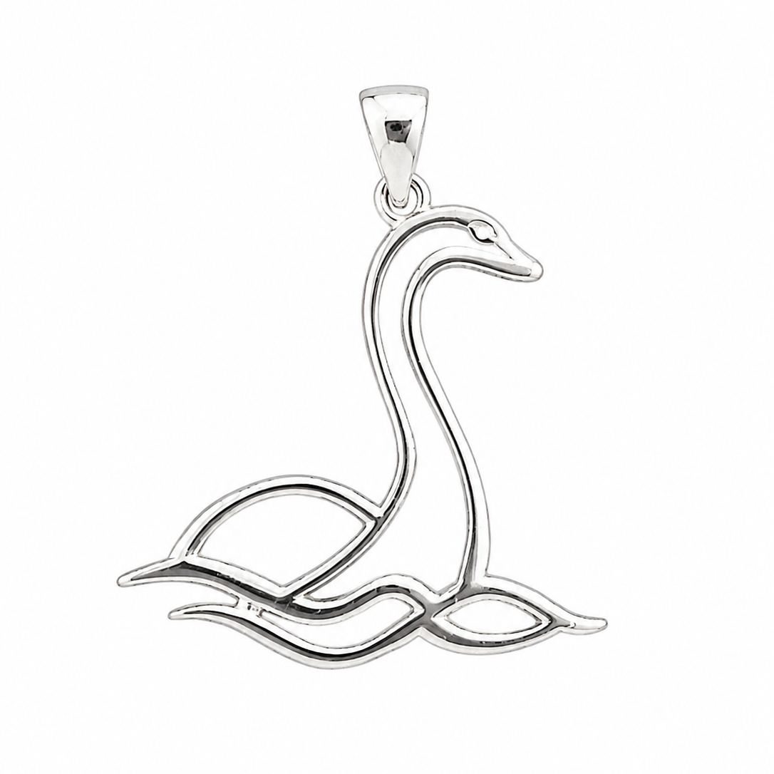 Close up of the intricate high polish mirror finish on the medium silver Scottish Nessie statement pendant by Kolié
